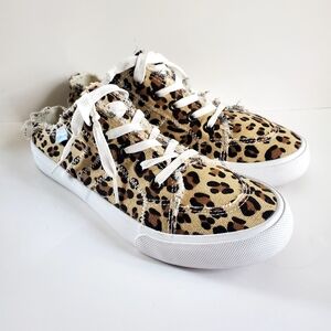 Obtaom Brown and Tan Leopard Print Sneakers with White Soles Size 7